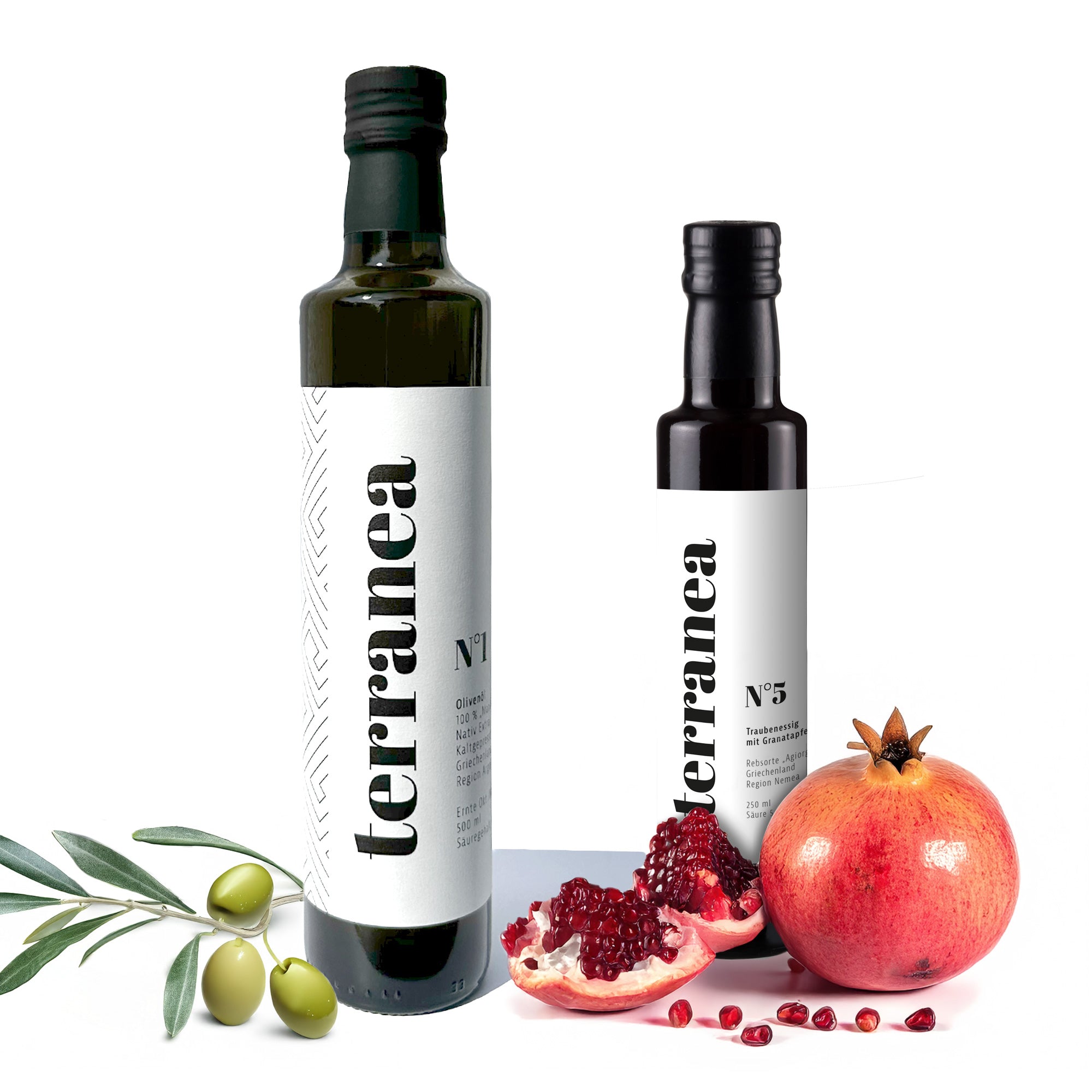 terranea Set Griechenland - 500 ml Olivenöl 100% Manaki + 250 ml Granatapfelessig - traditionell von Hand hergestellt, aus ökologischer Landwirtschaft