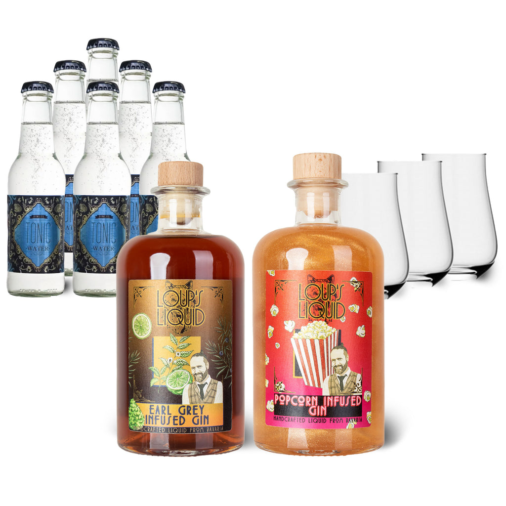 Gin-Geschenkset LOUP'S LIQUID Popcorn Infused Gin + LOUP’S LIQUID Earl Grey Infusion, 6 x GINLOS Tonic Water 0,2 l, 3 elegante Gin&Tonic-Bechergläser