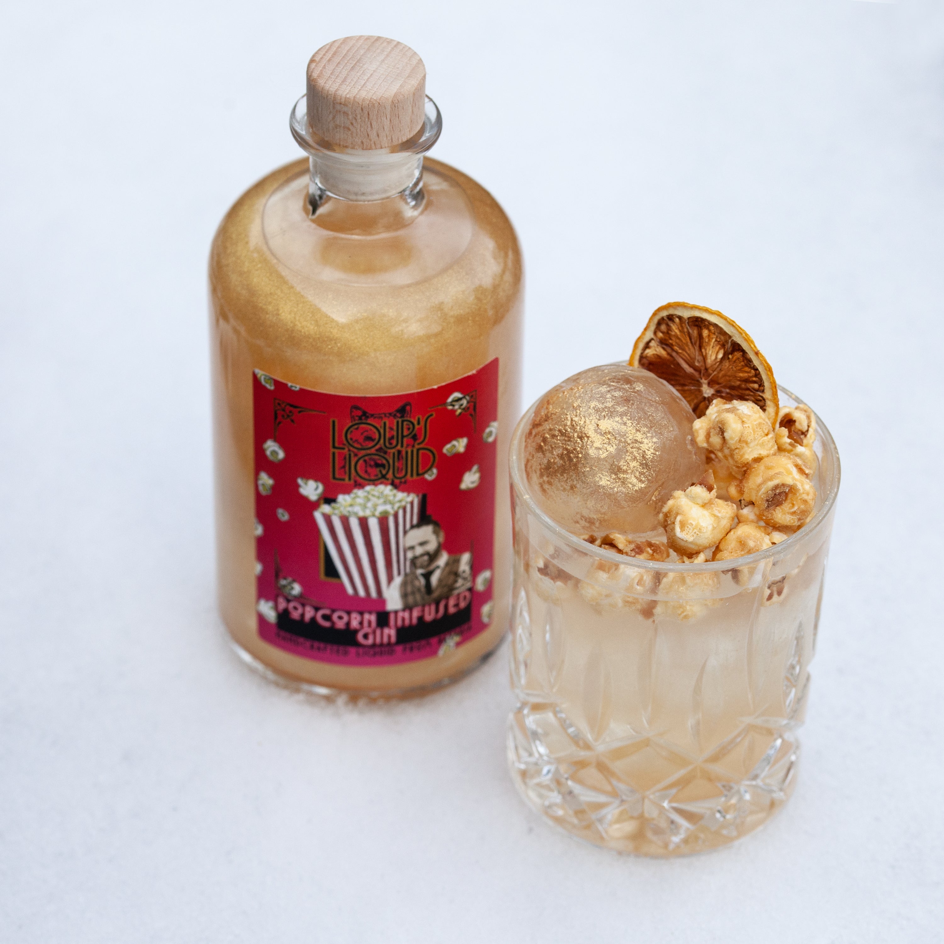 LOUP'S LIQUID Popcorn Infused Gin - mit weicher Popcorn-Note und einmaligem Glitzer-Effekt - handcrafted, 0,5 l, 30%